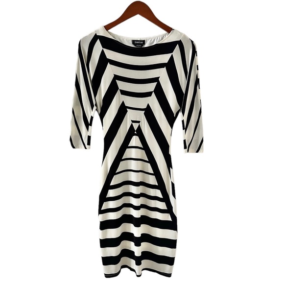 NEW Bebe Black and Egret Diamond Print Boatneck Half Sleeve Dress Size Small - Picture 3 of 9